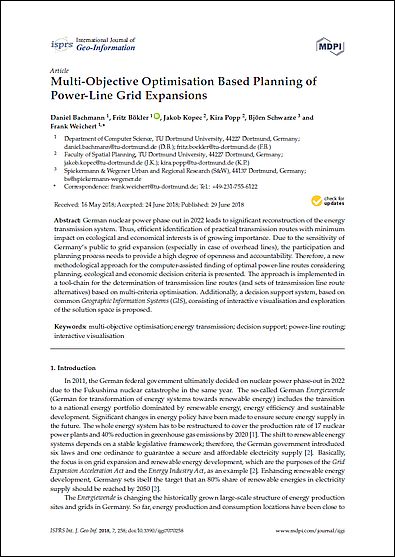 Publikation: Bachmann, D., Bökler, F., Kopec, J., Popp, K., Schwarze, B., Weichert, F. (2018): Objective Optimisation Based Planning of Power-Line Grid Expansions